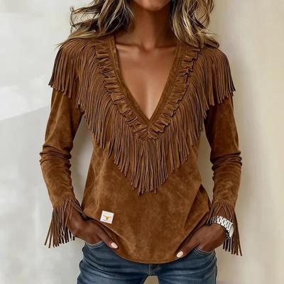 European & American Tassel Suede V-Neck Slimming Jacket for Women - Autumn/Winter Fashion