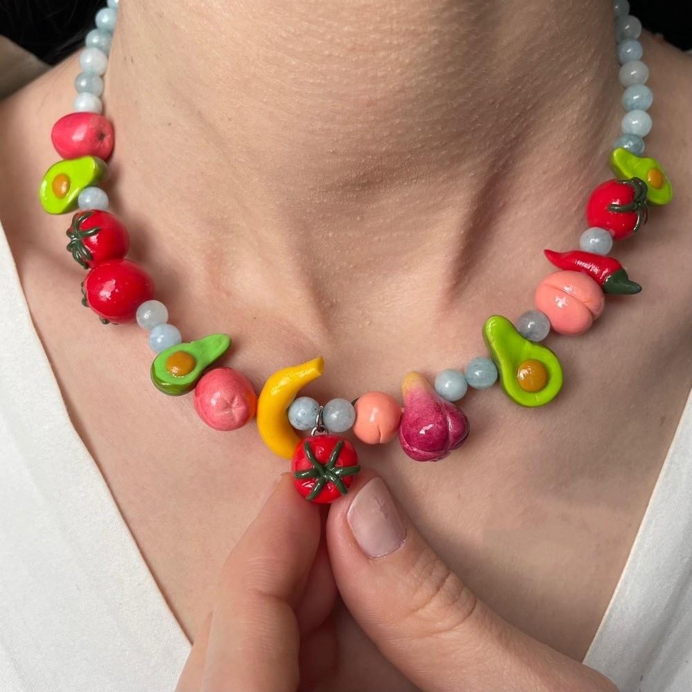 Colorful Beaded Fruit Necklace Bohemian Fruit Charms Necklaces Fashion 3D Fruit Choker Jewelry