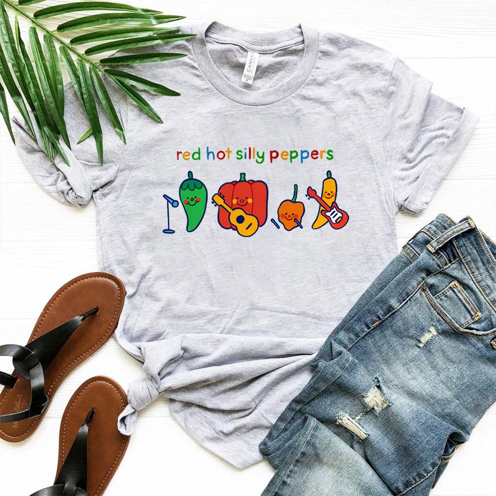 Red Hot Silly Peppers TShirt Unique Shirt Cute Chilli Music Band Tee Kawaii Women Clothes Trendy Short Sleeves Tops