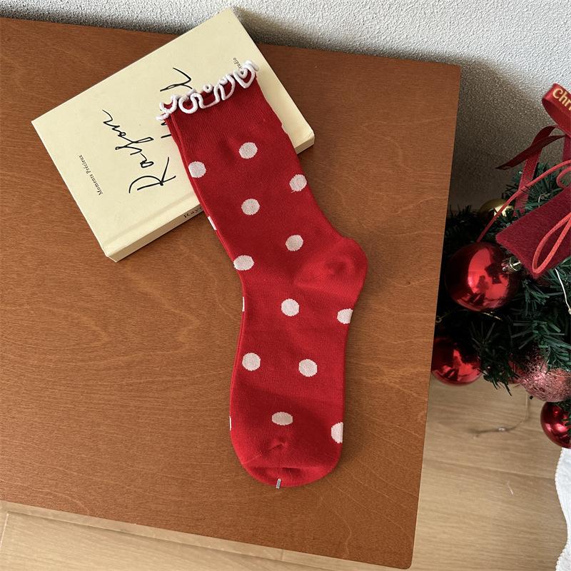 Sign On The Birth Year Big Red New Year'S Socks Female Mori Bow Small Flower Love Women'S Cotton Socks Medium Tube Socks