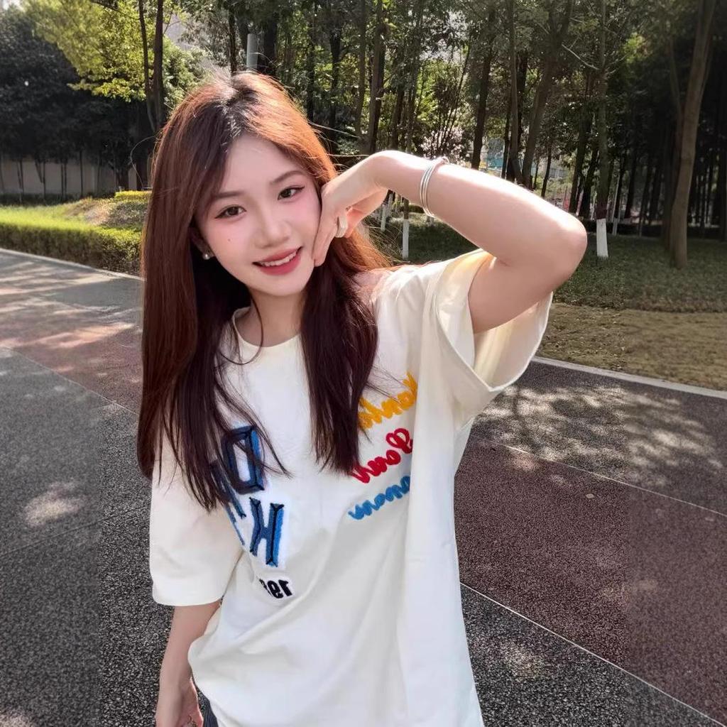 Women's Embroidered Crew Neck Cotton T-shirt - Summer 2025 Casual Loose Fit