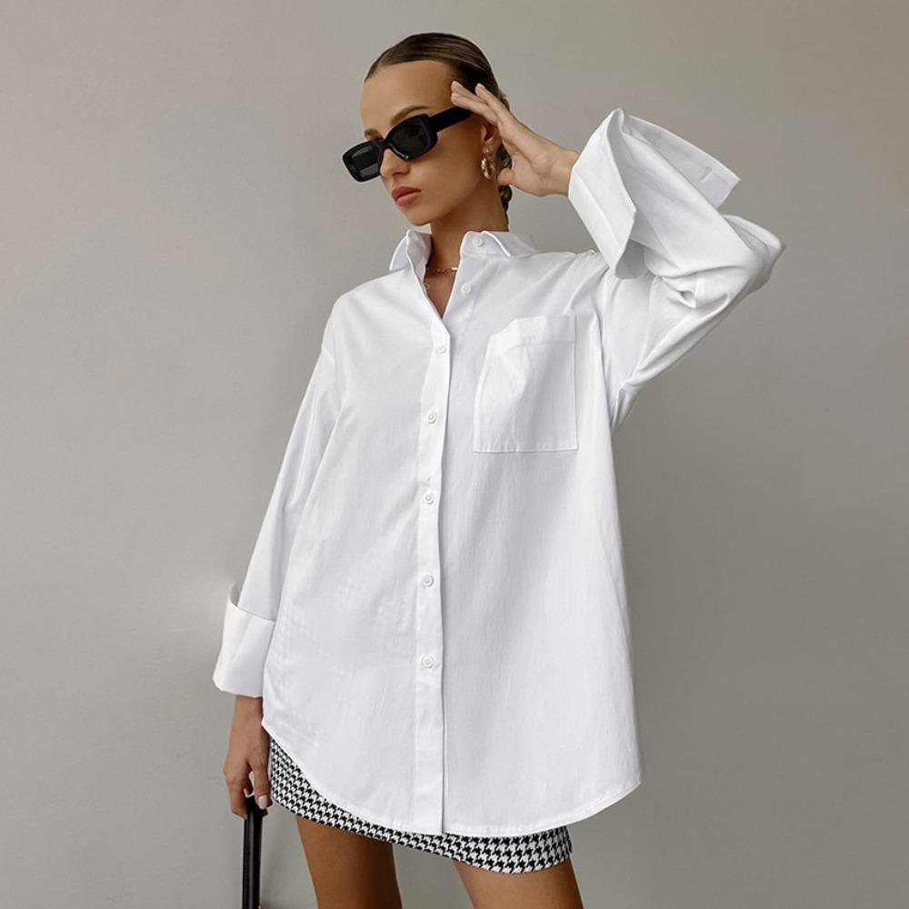 Spring and summer Europe, America, simple loose silhouette white shirt casual fashion commuter medium and long top women S белый
