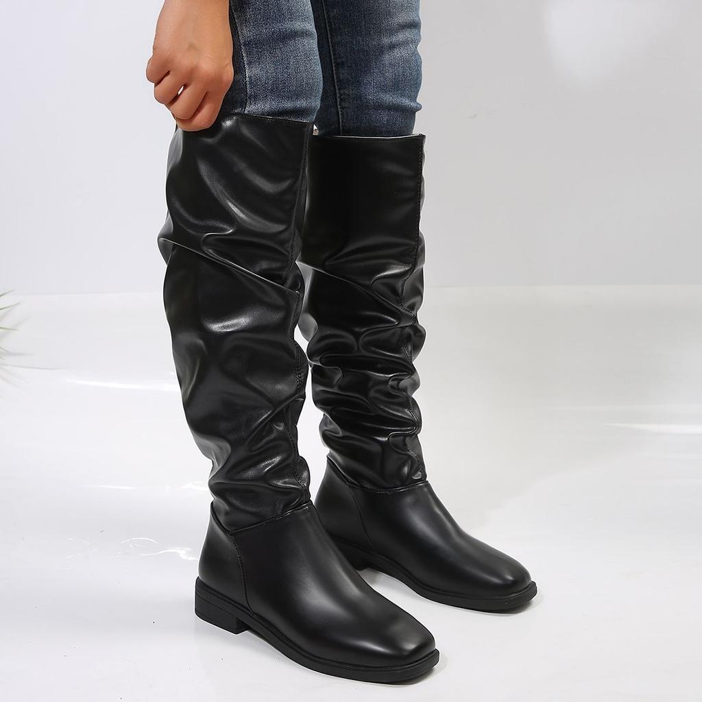 2025 autumn and winter western boots knight boots women's foreign style high tube pleated knee boots thick heel retro square head sleeve boots