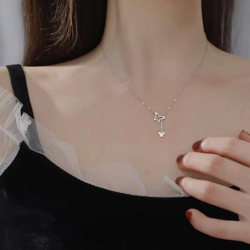 Elegant Korean-Style Diamond Butterfly Tassel Necklace