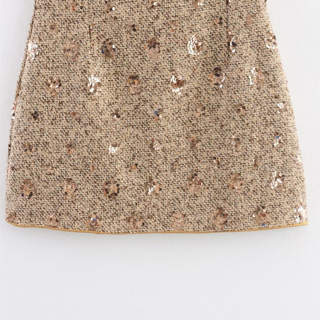 Women's Round Neck Sleeveless Mini Dress Straight Fit Loose Waist Tweed Sequin Keyhole Sheath Dress