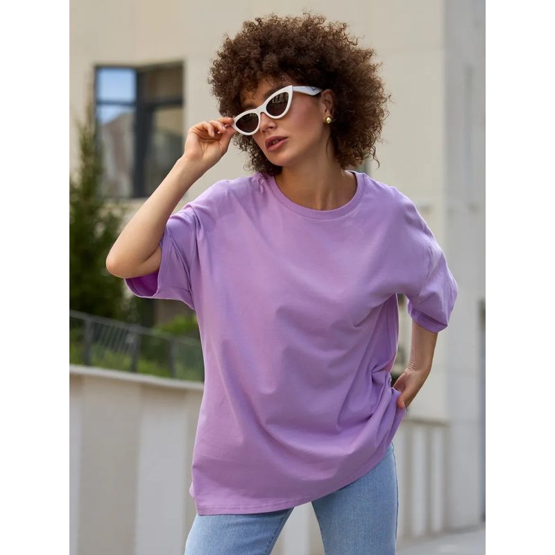 European and American New Casual Loose Solid round Neck T-shirt Top Solid Color Loose T-shirt Top