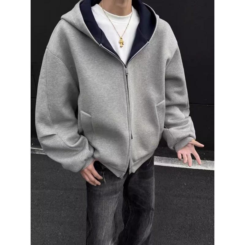 Men's Plus Size Heavyweight Double Zipper Hoodie, Autumn/Winter Cardigan Outerwear