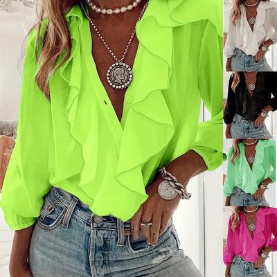 Camisa Feminina de Chiffon com Decote V e Babados nas Mangas Longas