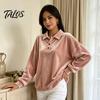 Damen Pullover Hemd Damen Samt Hemd, 3-Knopf Kragen Casual Bluse, Einfarbige Tägliche Kleidung Locker Langarm Oberteil für die Arbeit Atmungsaktive Bluse