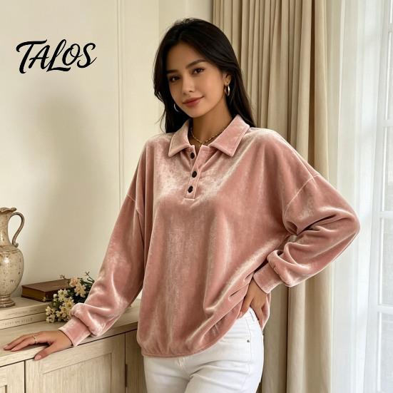 Damen Pullover Hemd Damen Samt Hemd, 3-Knopf Kragen Casual Bluse, Einfarbige Tägliche Kleidung Locker Langarm Oberteil für die Arbeit Atmungsaktive Bluse