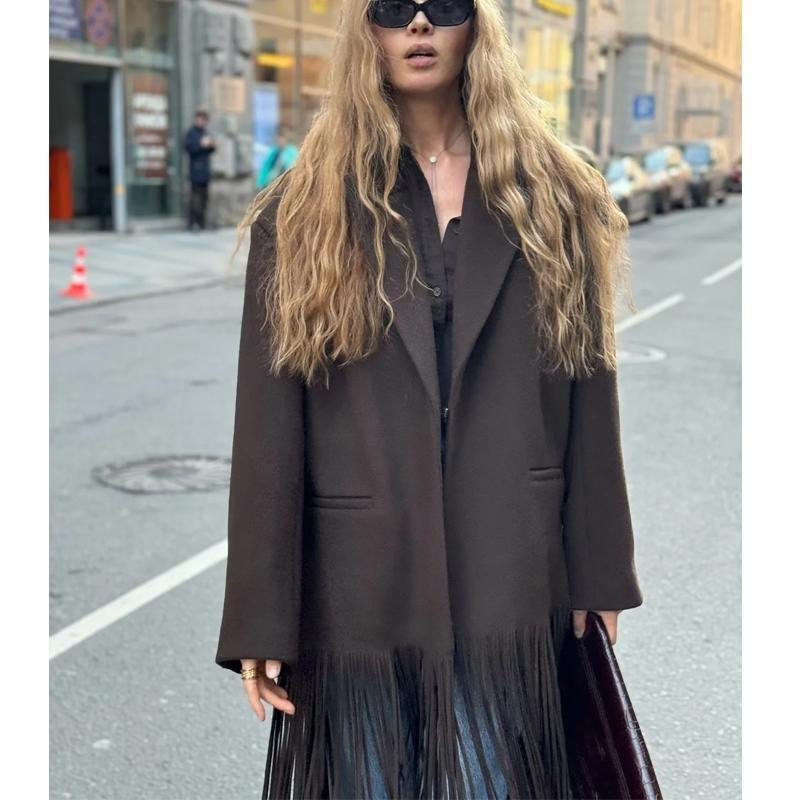 Fall and Winter New Women's Clothing Fashion Wind Lapel Long Sleeves Loose One Button Tassel Mid Length Long Length Woolen Outwear