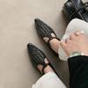 Hollow sandals woven low heel 2025 T-strap Mary Jane shoes women's new leather soft sole versatile thick heel single shoes
