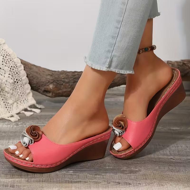 Ladies Shoes 2026 Hot Sale Open Toe Women's Slippers Summer Flowers Solid Outdoor Casual Beach Wedge Heel Large Size Slippers