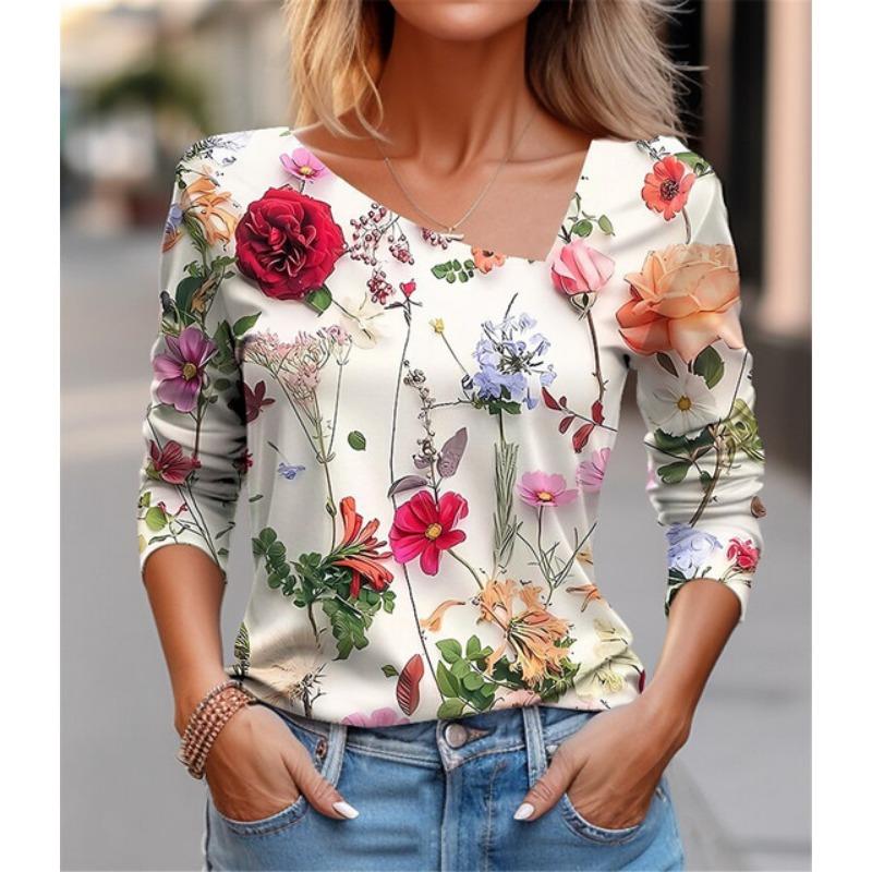 Seksowny diagonalny kołnierzyk z uniwersalnym cyfrowym nadrukiem 3D T-shirt damski na co dzień wiosna jesień długi rękaw koszulka rekreacyjna odzież