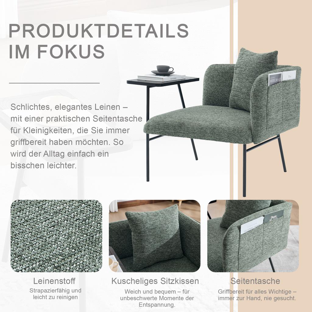 Modern single armchair with comfortable fabric backrest and two storage compartments, complemented by a practical side table.