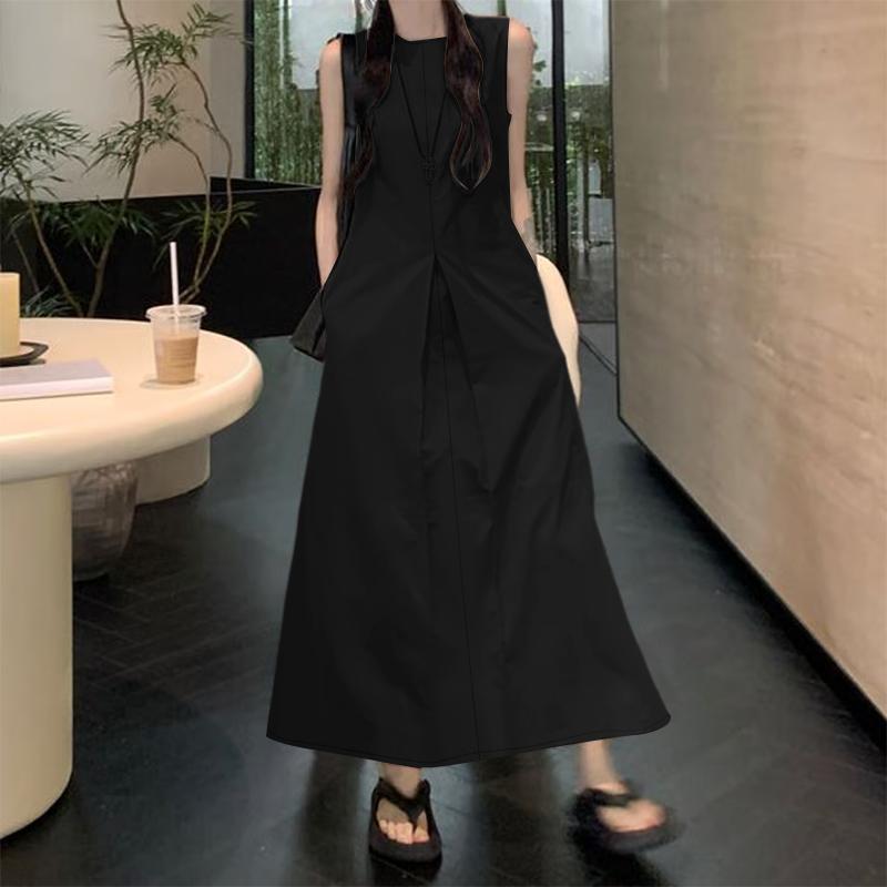ZANZEA Women Casual Round Neck Sleeveless Summer Long Dress S чёрный