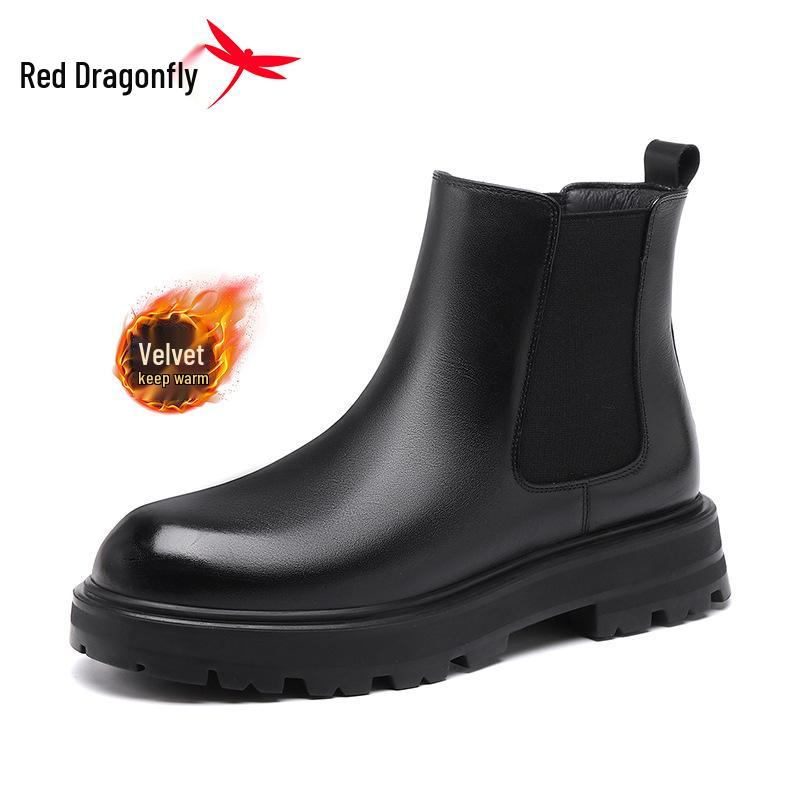 Red Dragonfly Men s Black Genuine Leather High-Top Winter Chelsea Boots with Velvet Lining. 41