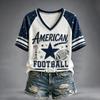 Women's V-Neck Short Sleeve T-Shirt with Football Graphic Print and Raglan Sleeves, Casual Summer Top