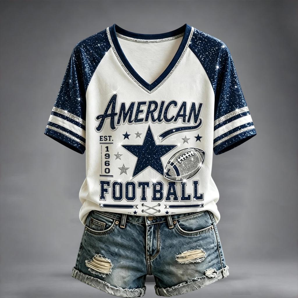 Women's V-Neck Short Sleeve T-Shirt with Football Graphic Print and Raglan Sleeves, Casual Summer Top
