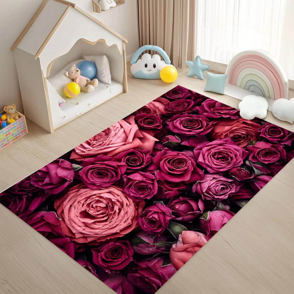 Romantic Rose Pattern Carpet Mat Rug Non-Slip Area Rug Home Decoration for Kids Room Living Room Bedroom Decor Bedroom Carpet