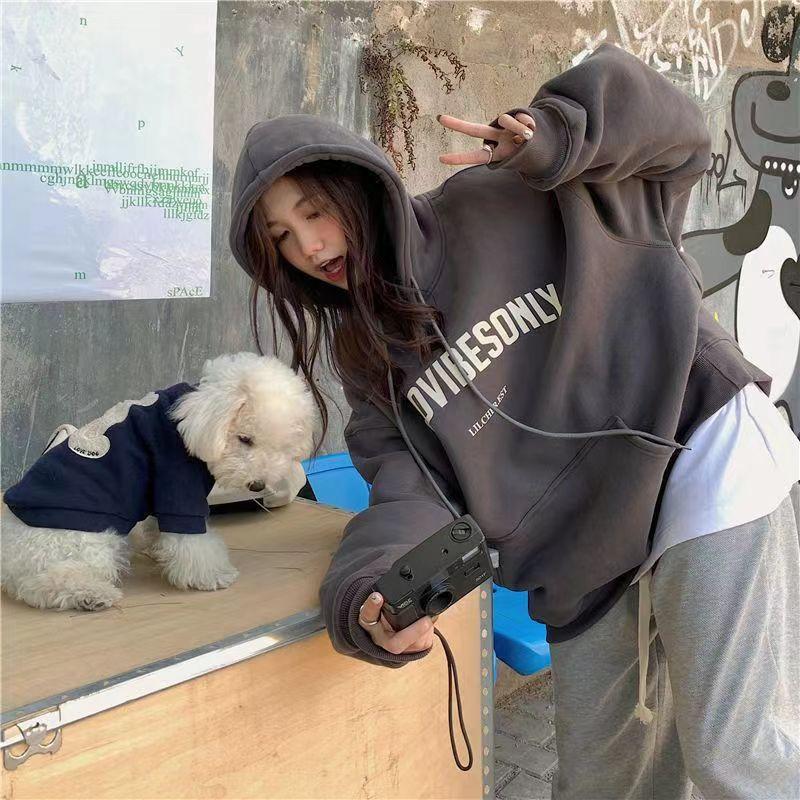 Women Long Sleeve Hooded V Neck Loose Pullovers Female Tops Solid Color Sweatshirts