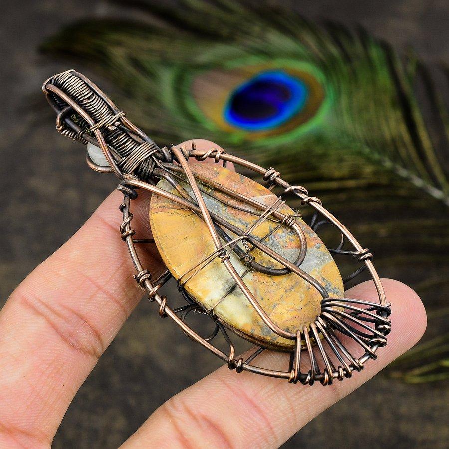 Bumblebee Jasper, Moonstone Gemstone Copper Wire Wrap Jewelry Pendant 3.35"