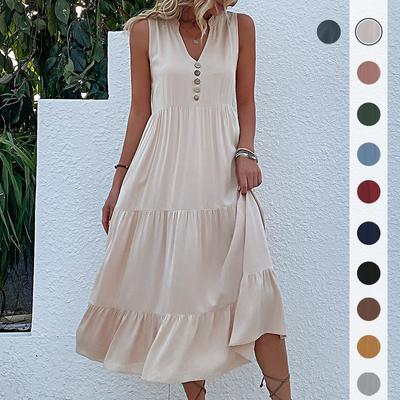 Casual Sommer Midi Kleid Frauen Ärmellose Tank V-ausschnitt Tasten Rüschen Lose Kleider Strand Soild Sommerkleid Mode