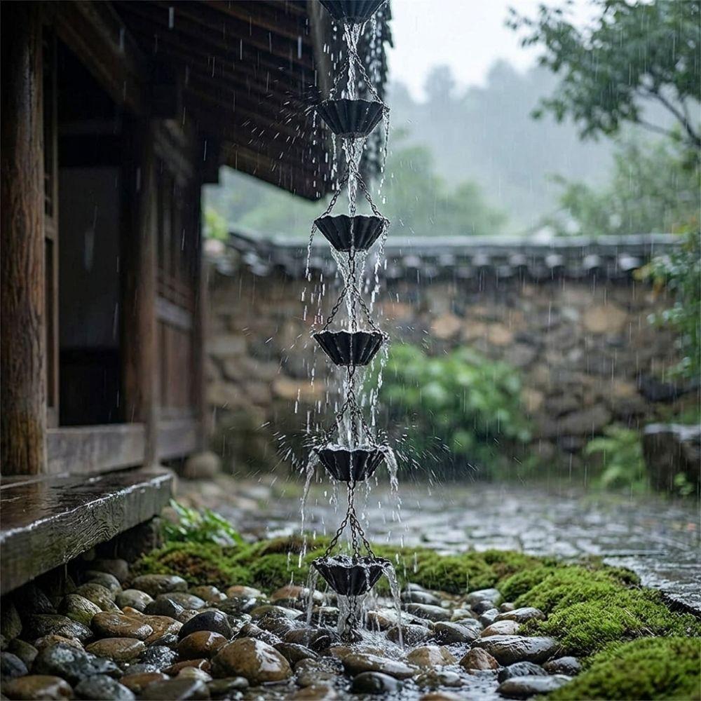 Japanese Style Metal Flowers Rain Chain 7 Cups Eaves Water Drainage Chain Rain Catcher  Villa