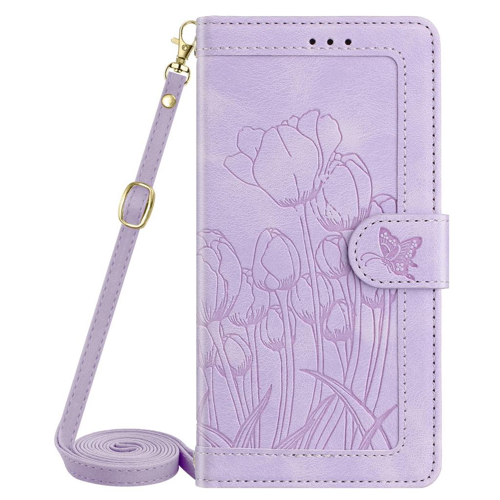 Applicable To iPhone17E Leather Case, Samsung S26 Tulip Matte Embossed Insert Card Diagonal Span Protective Case S25edge