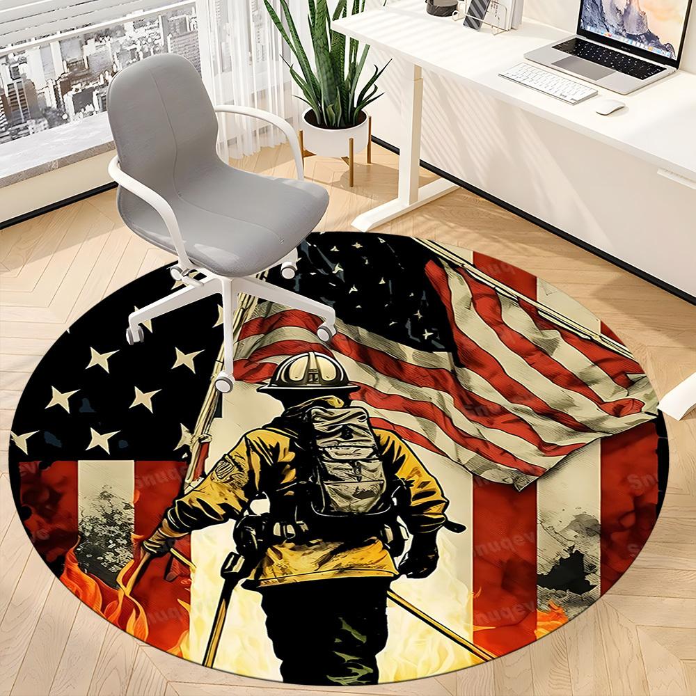 1pc Firefighter Flag Office Round Area Rug, Mat Suitable ForOffice, Under Office Chairs Bedroom Living Room Home Decor, Room Deco