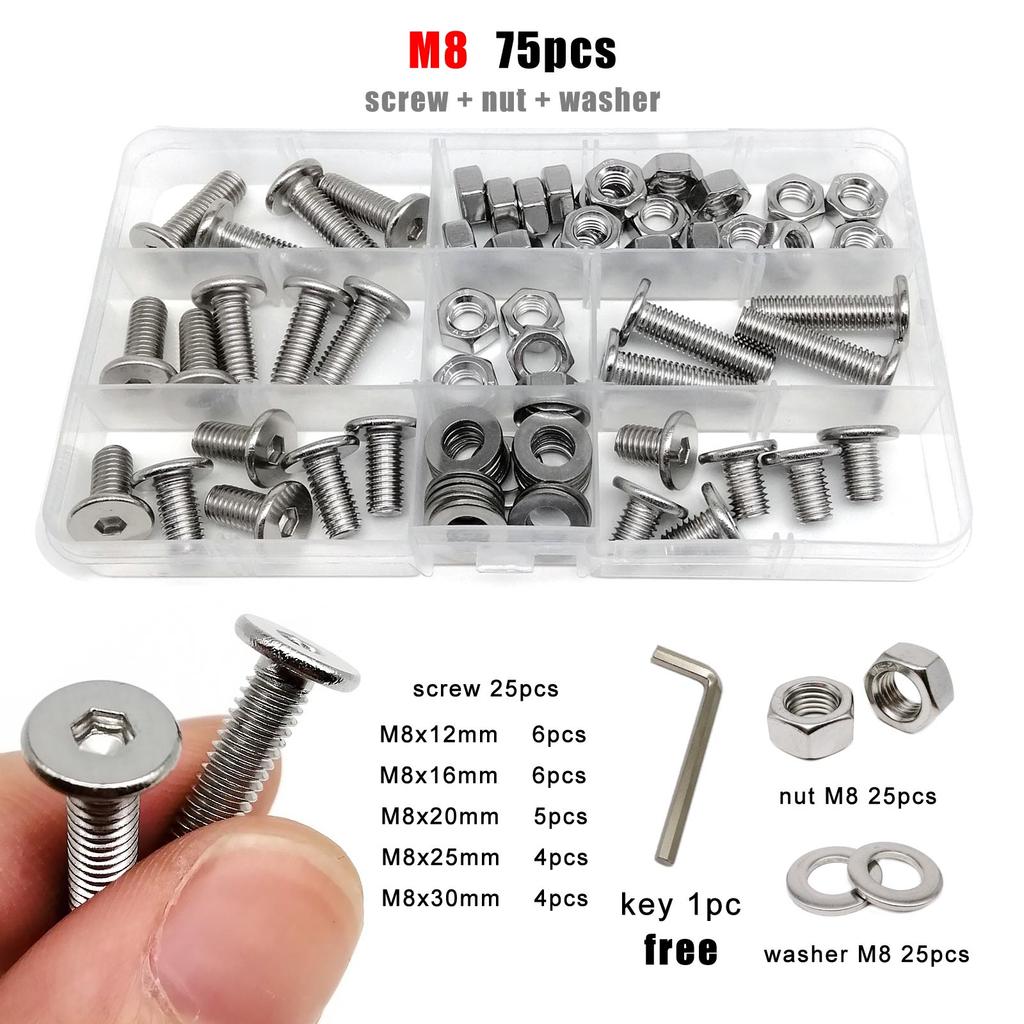 M1.6 M2 M2.5 M3 M4 M5 M6 M8 304 Stainless Steel CM Allen Hex Socket Ultra Thin Flat Wafer Head Screw Bolt Nut Washer Set Kit Box