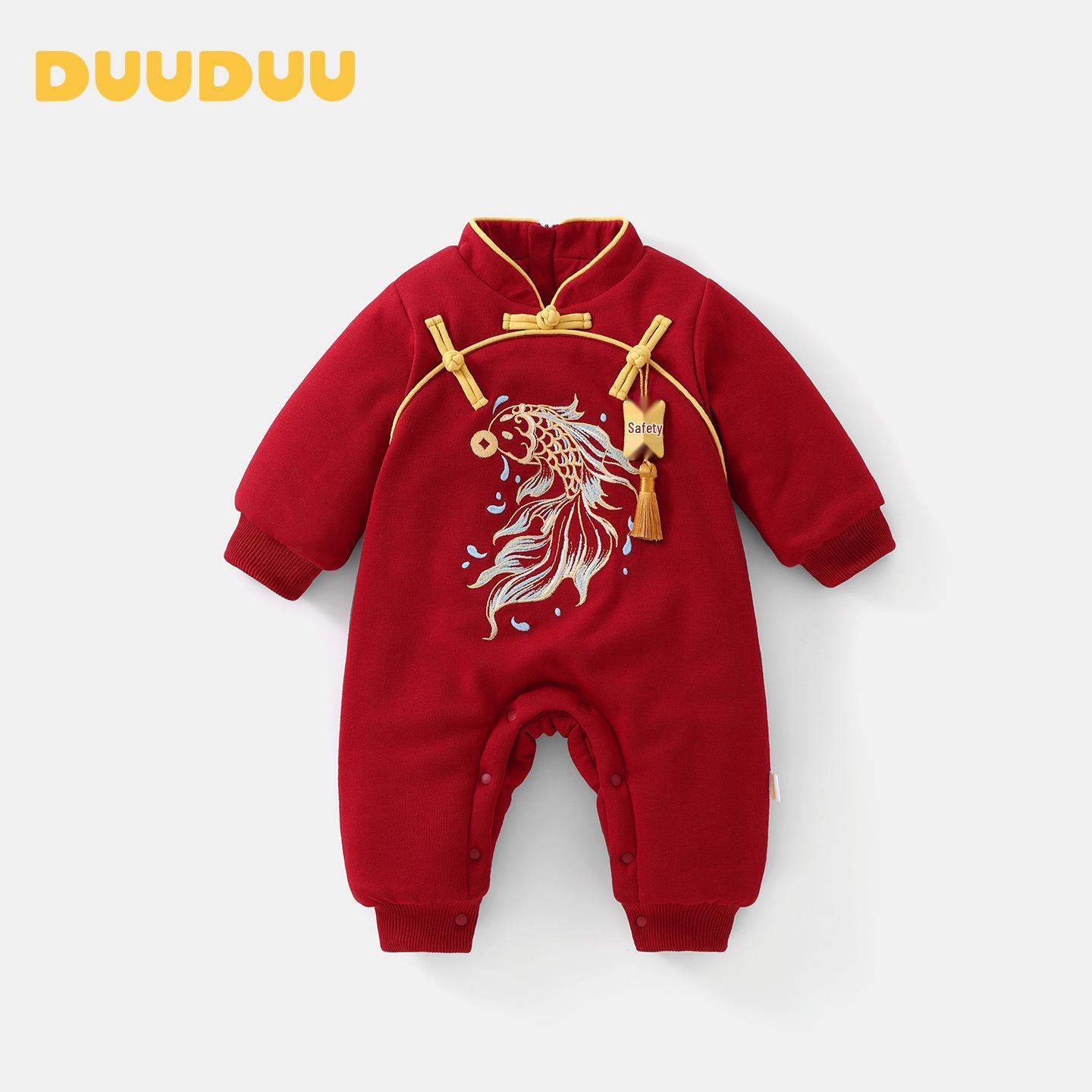 Новогодний детский комбинезон DUUDUU: Зимний утепленный хлопковый комплект для новорожденных - Утолщенный красный дизайн для новогодних визитов 100cm (18-24 Months, Up to 30 lbs)