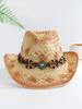 Straw Hat Women Men Summer Handmade Vintage Hollow Western Brim Sun Protection Fisherman Mountaineering Bohemian Chain Jewel