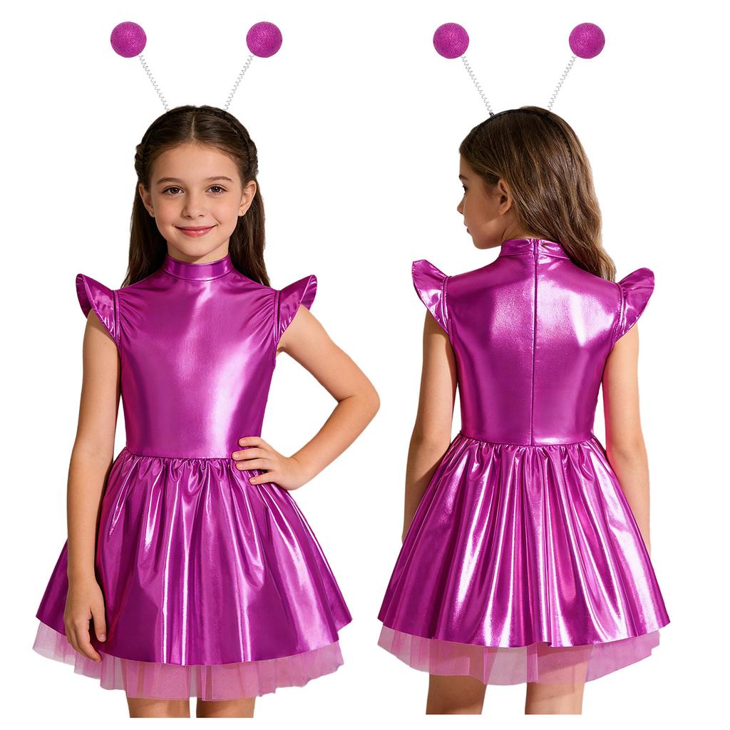 Girls Stage Performance Alien Costume Set: Glossy Mock Neck Dress with Ruffled Tutu & Flying Sleeves, Complete with Hair Hoop
