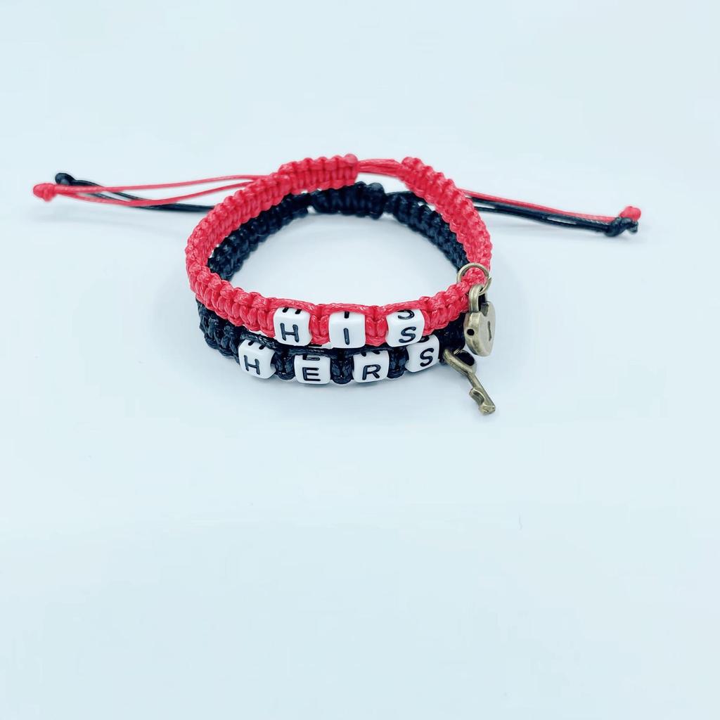 Trendy HIS HERS Couple Bracelet with Lock & Key Pendant and Woven Lanyard
