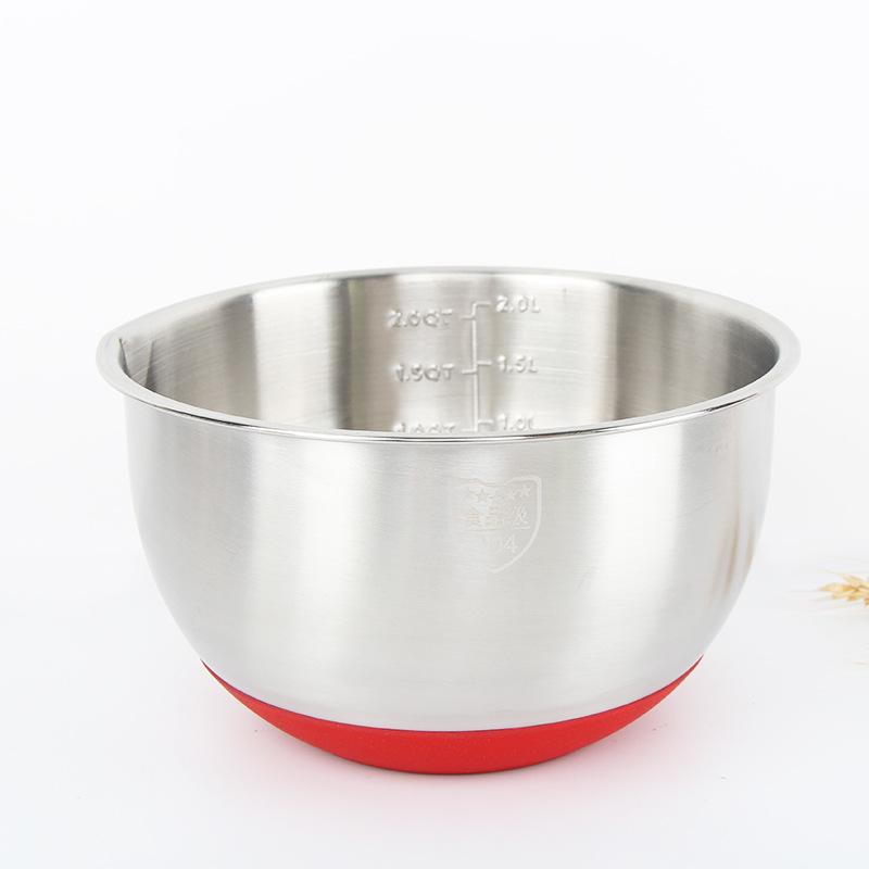 304 Stainless Steel Mixing Bowl with Silicone Base, Handle, Scale Markings, and Lid - Ideal for Eggs, Salad, Dough, and Baking.