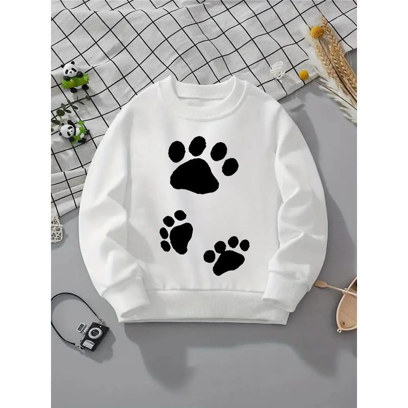 European sizes Kids  Crewneck Sweatshirt - Paw Prints Pattern Black White, Sportswear And Casual Wear, Soft And Comfortable, Clothing, Teenagers 110 белый