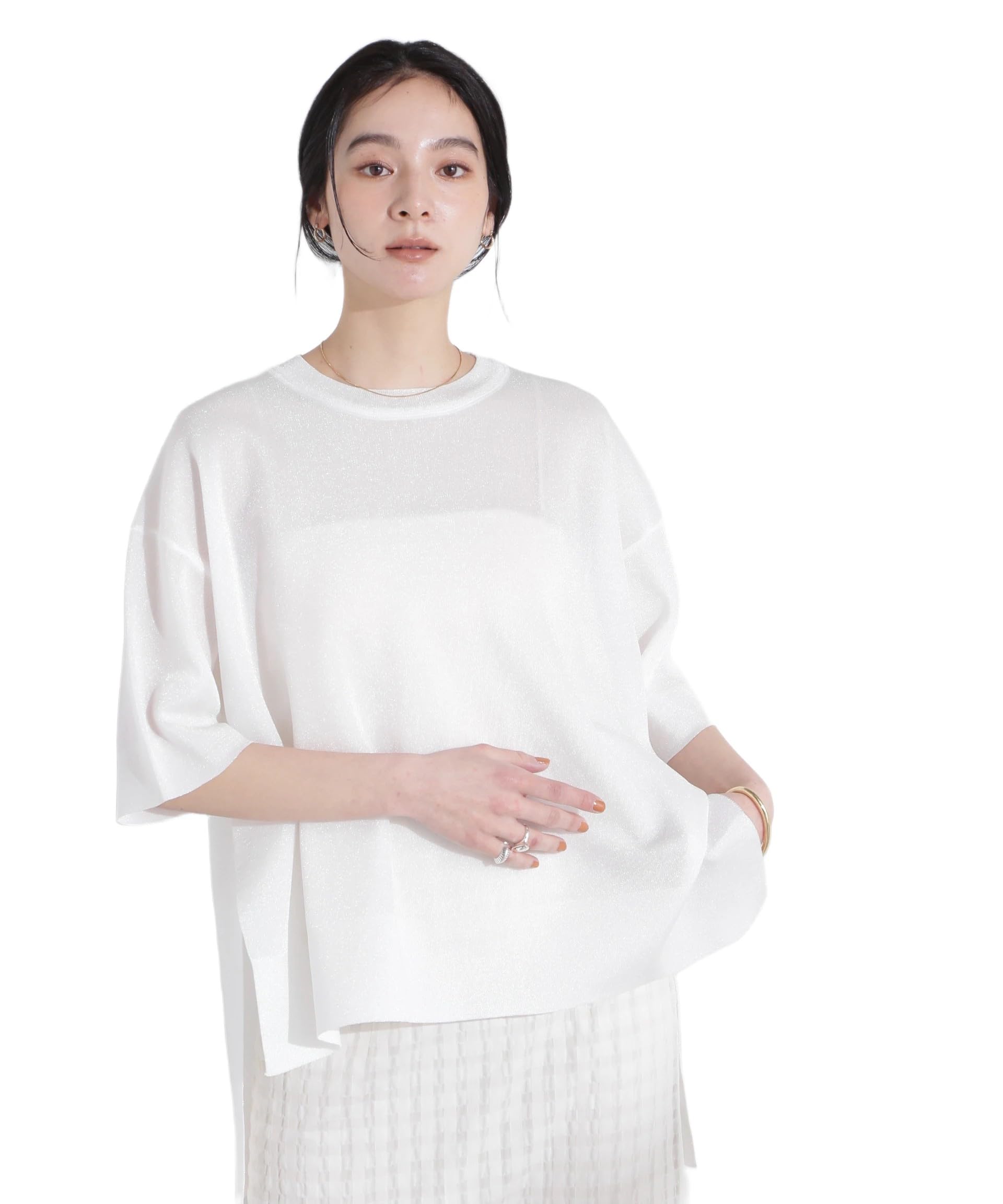 

Nano Universe Aurora Прозрачный Гладкий Трикотаж F Люрекс Футболка, Женская, 030, Белый, 669-5122312