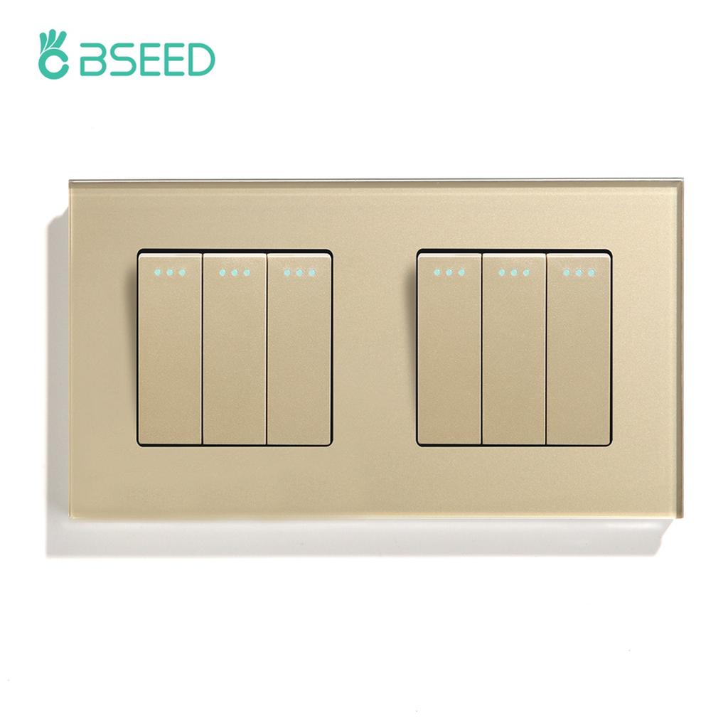 BSEED Double 1/2/3Gang Wall Light Switches 1Way Mechanical Button Switch On Off Glass Panel EU Standard 157mm