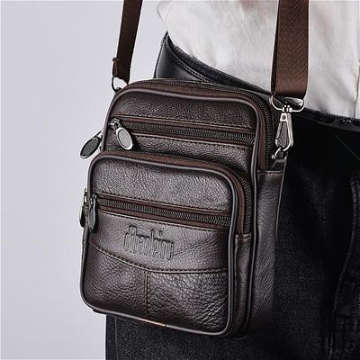 Borsa a tracolla da uomo in vera pelle, Borsa a spalla piccola con doppia cerniera, Borsa a tracolla compatta multi-tasche per l'uso quotidiano
