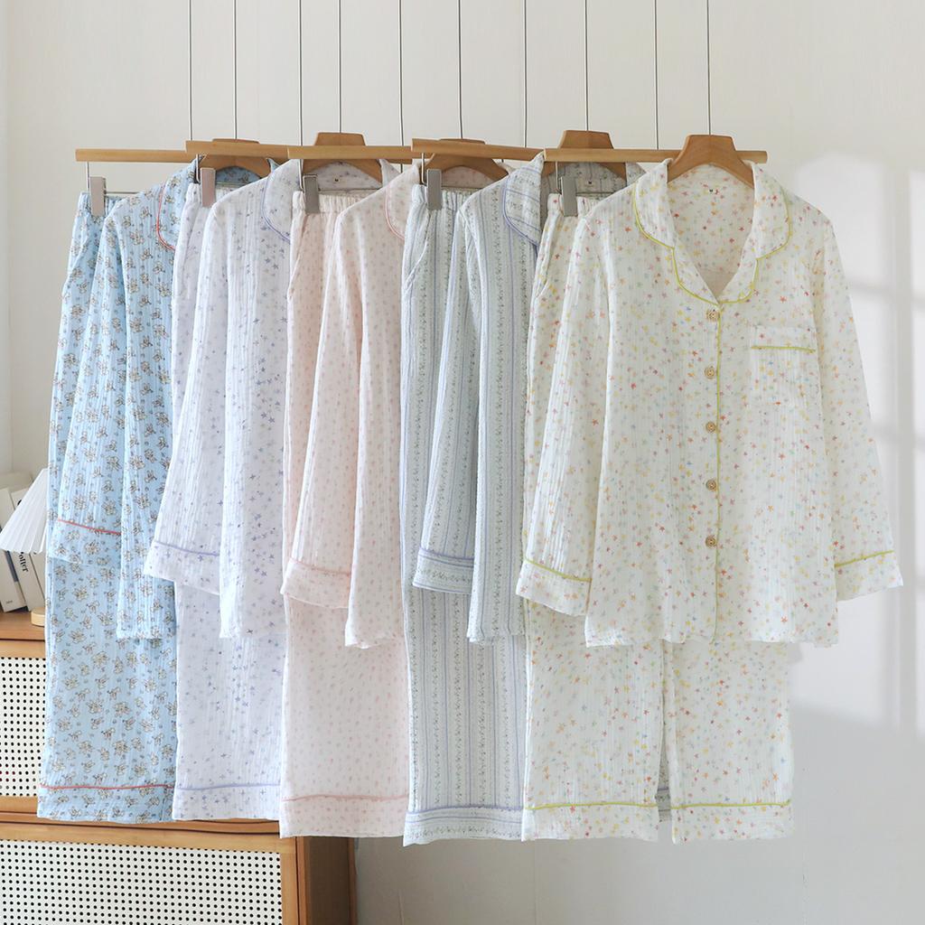Pure cotton double-layer yarn pajamas women's autumn new long-sleeved trousers loose and breathable can be worn outside loungewear two-piece set