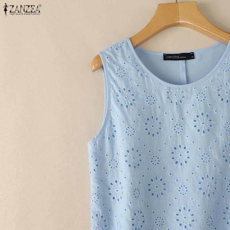 ZANZEA Women Casual Round Neck Sleeveless Lace Crochet Patchwork Loose Vest Tops