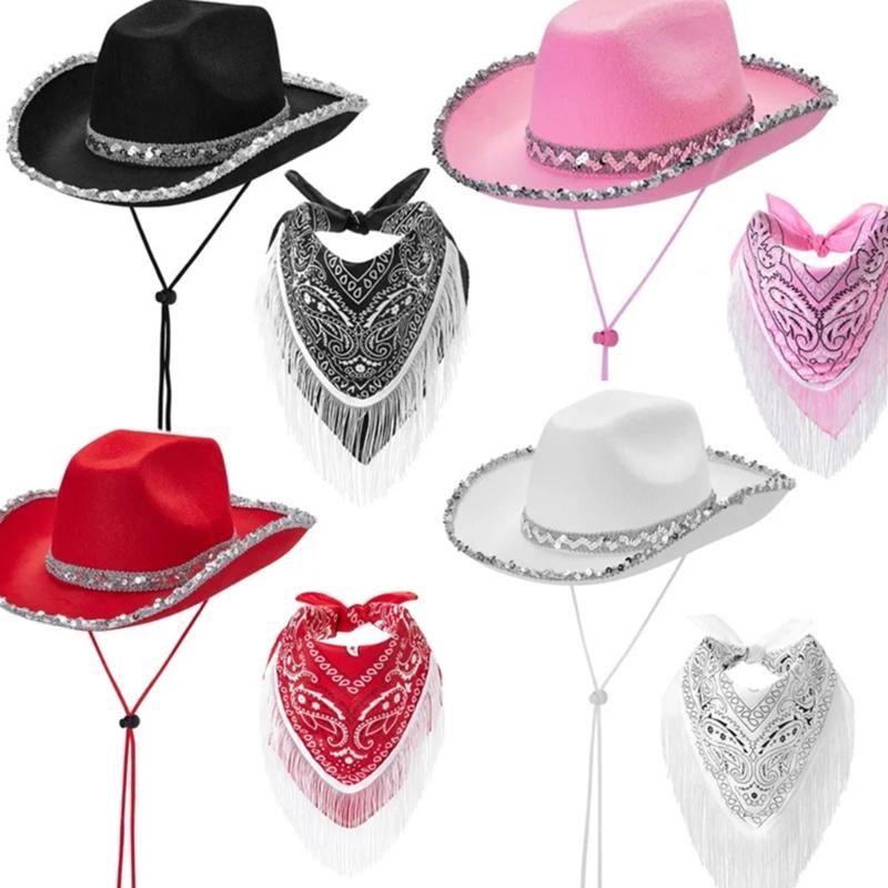 Cowgirl Hat+Scarf Set for Music Festival Cool Scarf for Costume Party Cool Bandana for Bachelorette Party