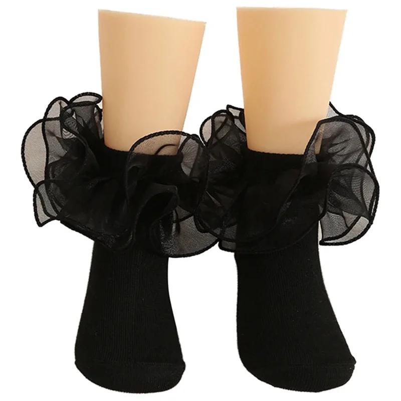 Girls Puffy Lace Socks Kids Combed Cotton Ruffled Trim Solid Ankle Socks Baby Girl Skirt Outfit Accessories