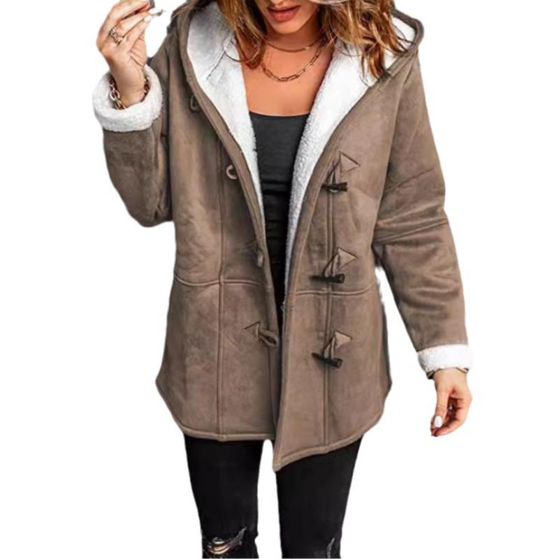 Winter Women's Mid-Length Shearling Coat, Detachable Faux Fur Collar Jacket With Pockets, Simple Pure Color Casual Buttoned Cardigan For Daily Wear