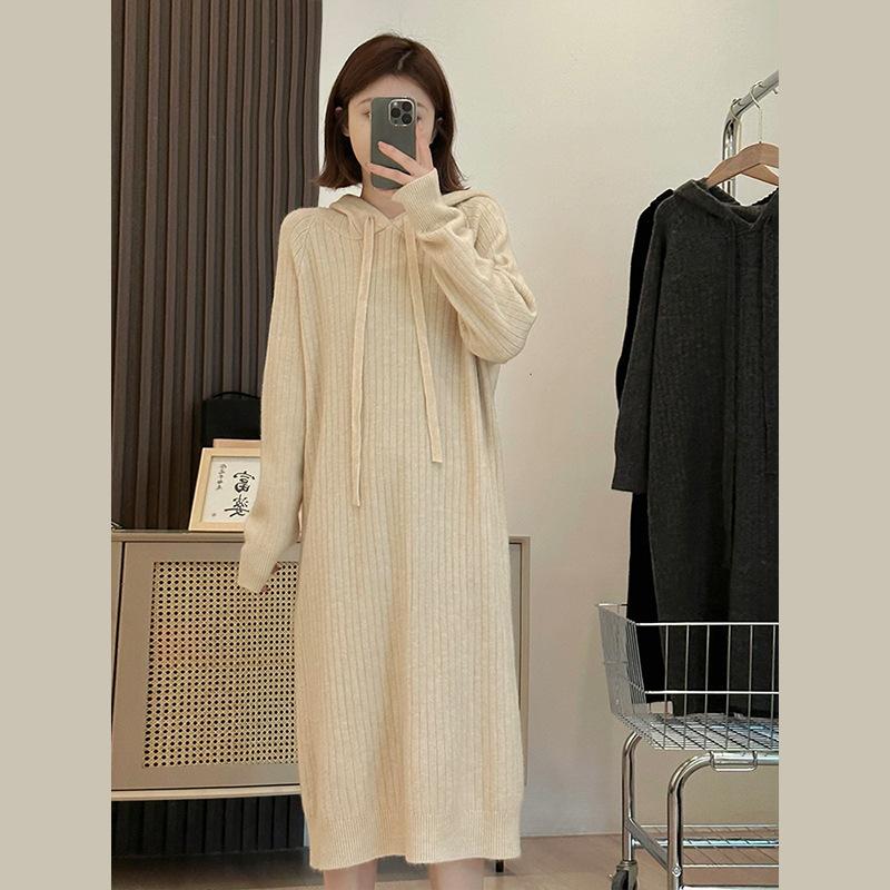 Hooded Medium and Long Autumn and Winter Knitted Dress, New Lazy Style Loose and Thin Women's Sweater Skirt