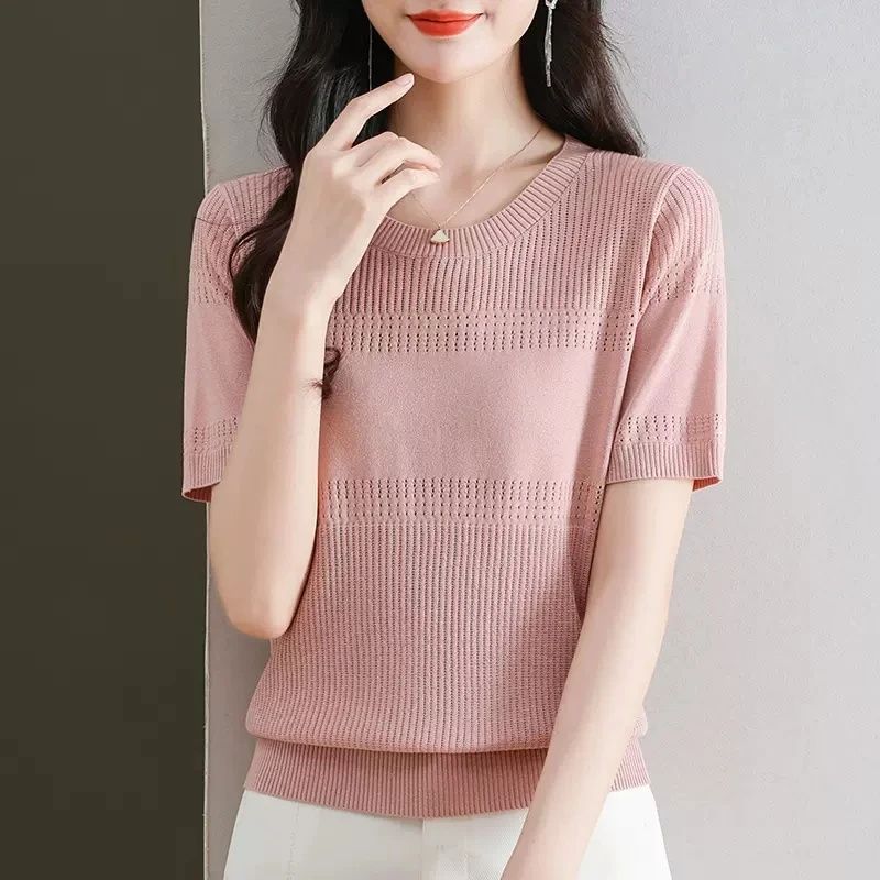 Summer Ice Silk Knitted Shirt Hollow Out Loose Top Temperament Short Sleeve T-shirt for Women