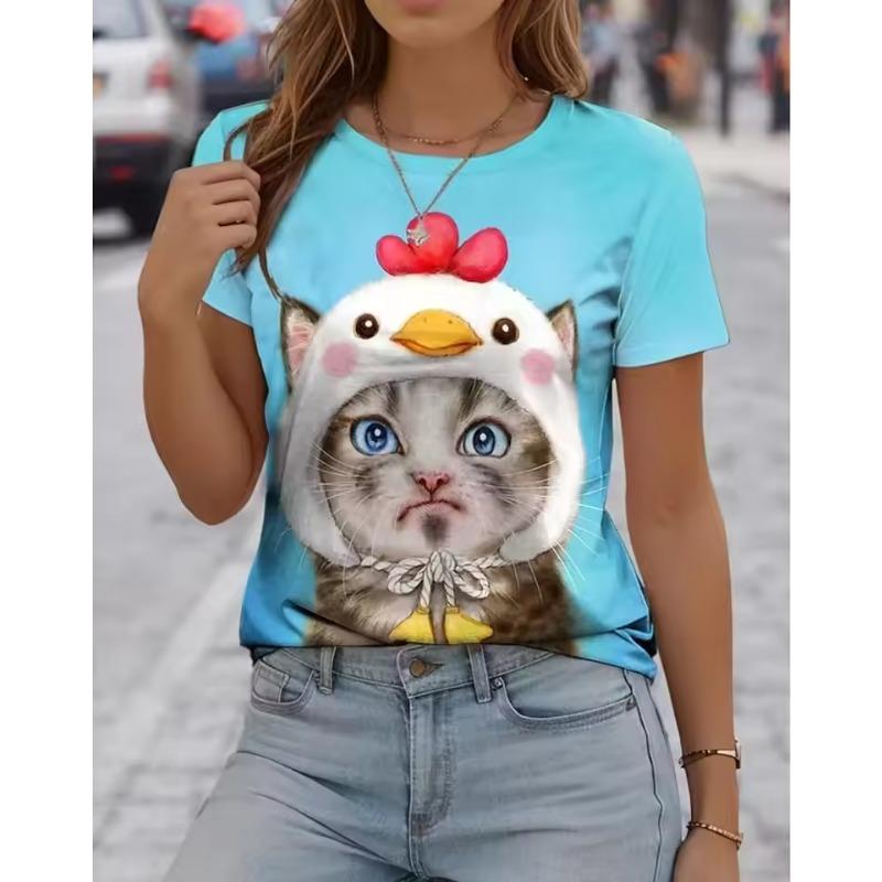 Cartoon Cat 3D Print Round Neck Short Sleeved T-shirt for Women Tees Breathable Polyester Stretch Comfortable for Everyday