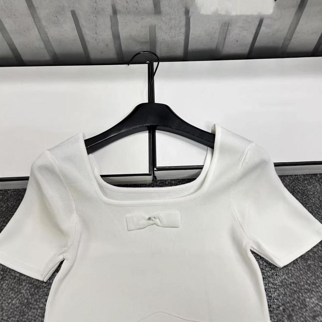 European-Style Square Neck Bow Knit Top - Women's Short Sleeve, Casual & Versatile for Spring/Summer 2026