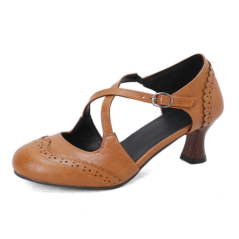 Fashion Women Shoes 2025 High Heels Spring Cross Strap Height Heel Shoes Ladies Buckle Round Head Shoes Brown Yellow Black Size 32-48